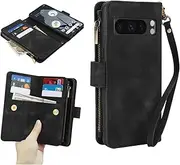 GoshukunTech for Google Pixel 8 Pro 5G Wallet Case with 9 Card Holders,for Pixel 8 Pro Case Zipper Coin Pocket PU Leather Flip Cover Kickstand Protective Phone Purse with Wrist Strap-Black
