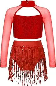 [Moggemol] Girls Latin Dance Costumes Ballroom Fringe Tassel Dress Salsa Samba Crop Top with skirt Dancewear