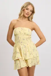 Yellow Floral Strapless Playsuit Ruffled - Size 16XL, Women's Playsuit