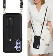 Crossbody Leather Wallet Wristband Case for Samsung Galaxy A54 A14 A34 A53 A52 A13 S23 Ultra S22 Plus Necklace Cover,Black,for Samsung A04S