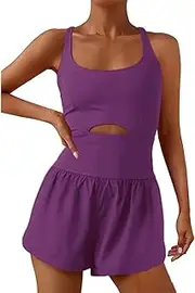 Womens Workout Athletic Romper One Piece Exercise Jumpsuit Shorts Gym Clothes Outfits With Back Zipper Pocket