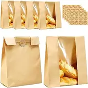 50 Pack Kraft Paper Bread Bags for Homemade Bread with Thank You Stickers, Paper Bakery Bag for Baked Food Packaging Storage, Large Bread Bags with Clear Front Window Bakery Bags (29x21x9cm)