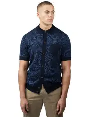 [Ben Sherman] Swirl Jaquard Button Through Polo Shirt in Dark Navy