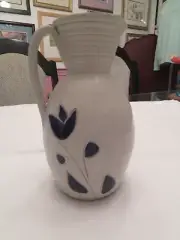 Williamsburg Pottery Pitcher Vase Cobalt Blue Tulip Leaf Salt Glaze