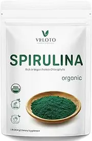 VELOTO Spirulina Powder Organic, Organic Spirulina Superfood Powder, Natural Antioxidants & Vitamins Supplement, Pure Vegan Protein for Immune Support, Non-GMO. Gluten-Free, 1 Pound (16 Ounce)