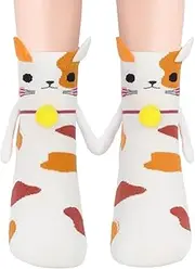 [FreeNFond] Women's Cat Socks Magnetic Holding Hands Animal Socks for Teen Girls, Fun Magnetic Gifts for Cat Lovers Birthday, White-1, One Size