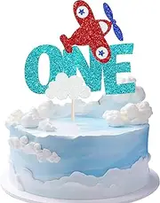 1 Pack One Airplane Cake Topper Glitter Airplane Sign Oh How Time Files Cake Pick for Plane Theme 1st Birthday Baby Shower Boys Girls Kids Party Cake Decorations Supplies Blue Red