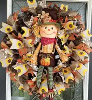 Fall Scarecrow Boy Sunflower Farmhouse Deco Mesh Front Door Wreath Decoration
