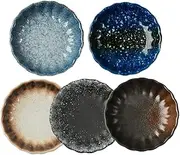 Gaolinci 3 Inch Retro Style Seasoning Dish, 5-Pack Flower Shape Ceramic Dipping Sauce Dish, Snack Dish, Appetizer Dish