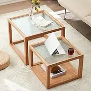Square Coffee Table, Wood Color Nesting End Table Set of 2, Open Storage Design, Glass Tabletop Design, for Living Room Bedroom Office Balcony