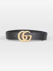 Black Leather Textured GG Buckle Belt