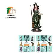 10.75" H Green Witch with Broom and Black Cat Statue Fantasy Decoration Figurine