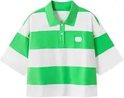 [Generic] Women Short Sleeve Loose Polos Shirt Summer Contrasting Color Button Lapel Collar T-Shirt Casual Pullovers