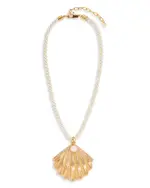 Ettika Cultured Freshwater Pearl Scalloped Shell Cord Pendant Necklace in 18K Gold Plated, 15-20
