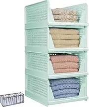 4 Pack Stackable Plastic Storage Basket Folding Closet Organizers Storage Box Clothes Organizer Bin Large Drawer Shelf Storage Container for Wardrobe Cupboard Kitchen Office Green 4L