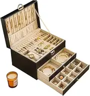 [saiwai] Jewelry Organizer Box for Women Girls 3 Layers Jewelry Display Case Removable Jewelery Tray for Earring Necklace Bracelet Ring Organizer Holder Box(Black, 3-Layer)