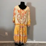 Bohemian Floral Print Peasant Dress Yellow & Coral Summer Boho Button Front