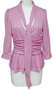 BALENCIAGA Blouse Top Shirt Striped 3/4 Sleeve Neck Tie Rose White Black 38 NWT