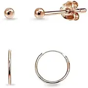 [Hoops 4 Less] 2 Pairs Rose Gold Flash Sterling Silver 10mm Endless Hoops & 2mm Bead Stud Unisex Cartilage Earrings Set