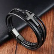 3 Strands Cowhide Leather Braided Bracelet Men's Bangle Titanium Magnetic Clasp