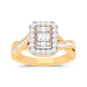 Bevilles Brilliant Emerald Shape Ring with 1/2ct of Diamonds in 9kt Yellow Gold