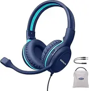 SIMOLIO Kids-Headphones with Microphone for iPad Laptop, Wired Children Headphone -School w/ 75/85/94dB Volume Limiting, Noise Cancelling Kids Safe Headsets with Cord for Boys, Girls, Teens (Blue)