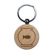 Fish Bowl Engraved Wood Round Keychain Tag Charm