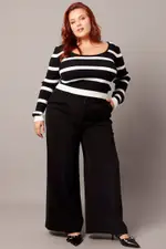 White Stripe Knit Top Long Sleeve Scoop Neck
