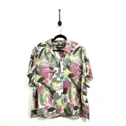 Tahari Women 3X Olive Green Mauve Linen Blouse Top Shirt Button Down NWT Floral