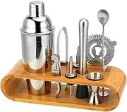 EZONEDEAL Bartender Kit - 10 PC Bar Tool Set with Bamboo Stand - Silver Stainless Steel - Cocktail Shaker, Muddler, Spoon, Jigger, Pourers, Strainer, Tongs, Corkscrew