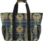 [sanluoli] Utility Tote Bags For Women Collapsable Beach Tote Sandproof with Handles Car Tote Bag, Blue and Gold Peacock Feather Check, 1 size