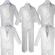 Baby Boy White Satin Shawl Lapel Tuxedo SILVER Satin Bow Necktie Vest Set