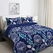 Ramesses Printed Sherpa Flannel Fleece Reversible Blanket Set Queen/King Blue Flower