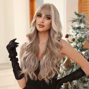 Light Brown Wigs with Bangs 26in Synthetic Long Curly Wavy Mixed Blonde Wig J6V4