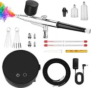 Airbrush Kit with Compressor, Adjustable Dual Action Gun 28/35/46 PSI, 0.2/0.3/0.5mm Nozzles, Ideal for Painting Models, Nail Art, Makeup, Cake Decoration and Tattoos