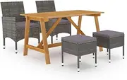 vidaXL 5-Piece Outdoor Garden Dining Set - Solid Acacia Wood Table, PE Rattan Chairs and Stools, Grey, with Thick Cushions, Weather-Resistant, Durable, and Easy-Care