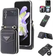 [Jeelar] ESONG Leather Case for Samsung Galaxy Z Flip 3 Bag, Zip Wallet Protective Case with Strap, Card Slots, Stand, Z Flip 3 Wallet Cover Case, Shockproof Mobile Phone Case for Women/Women, Black