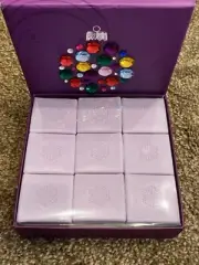 New In Box Lavender Guest Soaps Set of 9 in Rhinestone Encrusted Ornament Box