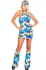Costume Bay Women's 60s 70s Vintage Groovy Shimmy Hippie Dress with Headband Costume Flared Pants Halloween Disco Outfit Fancy Dress Cosplay Carnival Party (Retro Blue, XL)