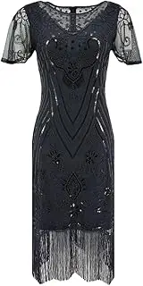 [HEYDHSDC] Women Sequin Beaded Fringe Dresses Crew Neck Party Club Dress