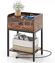 Nightstand with Charging Station, Industrial Bedside Table with USB Ports, Storage Drawer & Open Shelf, Accent End Table with Sturdy Metal Frame, Rustic Brown (Charging Station)