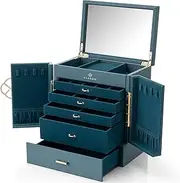 Vlando Large 5 Layer Jewellery Box, PU Leather Jewellery Organiser with Removable Jewellery Tray for Necklace Earrings Rings Bracelets, Jewellery Storage Display Case for Women Gift, Green