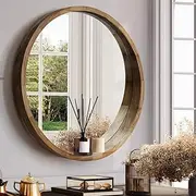 Furb Round Wall Mirror, 100cm Circular Bathroom Mirror, Brown Wood Frame, Decorative Hallway Entryway Mirror