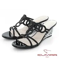 在飛比找momo購物網優惠-【CUMAR】情迷哈瓦那 - 眼睛鑽飾特殊鏤空楔型跟鞋(黑)