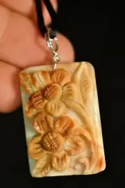 JASPER PENDANT + Cord 4.7cm 18g Carved Flowers Carving Silver Wire