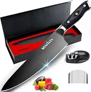 MOSFiATA 8” Super Sharp Titanium Plated Chef's Knife with Finger Guard and Knife Sharpener in Gift Box, German High Carbon Stainless Steel EN1.4116 Titanium Coated Stylish Kitchen Cooking Knife