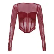 Long-Sleeve Plain Asymmetrical Mesh Bustier Top Red - M