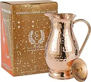 Copper Pitcher with a Lid - Pure Solid Copper Handcrafted Hammered Jug, Capacity 70 Oz, Pure Copper Carafe for Home, Hotel & Gifting
