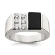 Sterling Silver Rhodium-plated Men's Cubic Zirconia and Onyx Ring Size 10