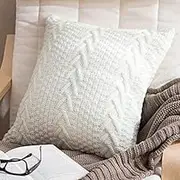 Acrylic Knitted Square Cushion Cover Pillowcase Herringbone Pattern (White, 45cm x 45cm)